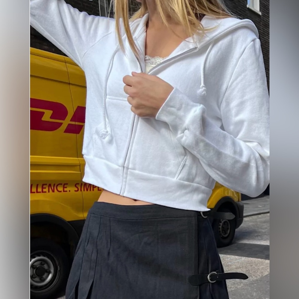 Brandy Melville Crystal Cropped White Zip Up Hoodie S/M